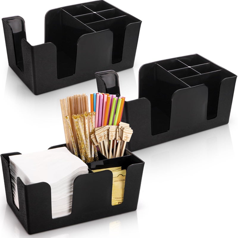 Tebery 3 Pack Black Plastic Bar Caddy with 6 Compartments, Refillable Bar Organizer Holds Napkins, Toothpicks, Straws - 9" L x 5.4" W - Image 1